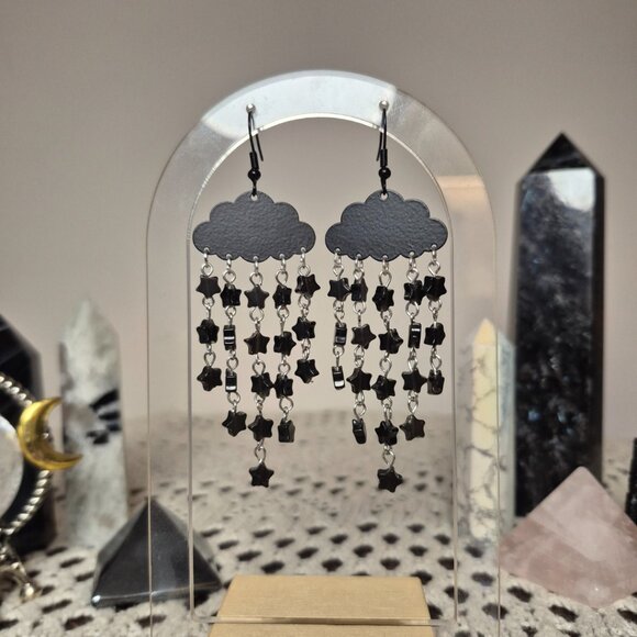 Black Obsidian Starry Night Gemstone Cloud Earrings - Picture 4 of 7